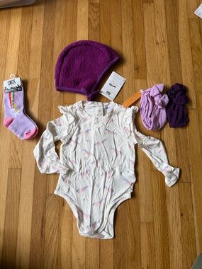 Angel Dear Cream One-Piece with Pastel Feather Print and Purple Accents Bundle